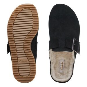 Clarks Women's Brookleigh Mule Slip On Black Suede Warmlined SZ 7